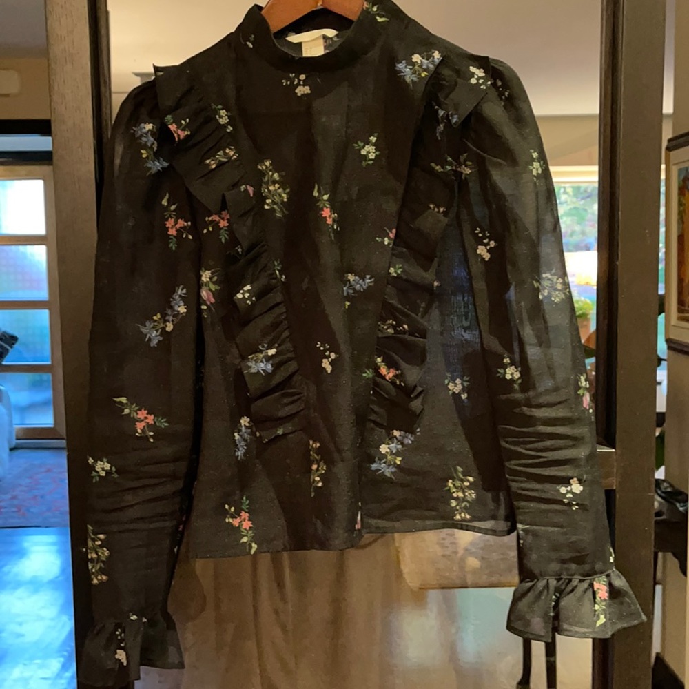 H&M black floral ruffle sheer blouse size 8